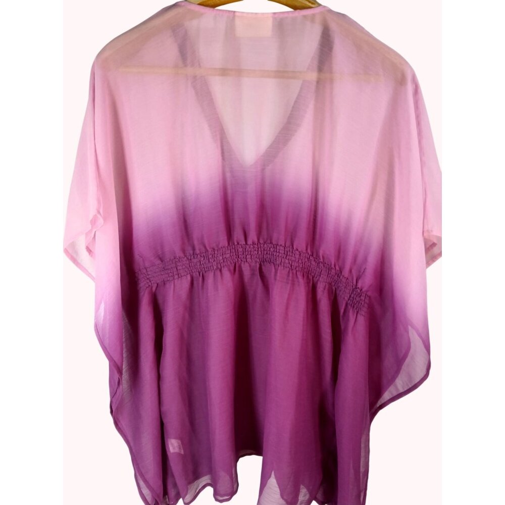 Rhona Sutton Ombre Pink Purple Beaded V Neck Sheer Tunic Top Cover Up Size M - Picture 7 of 11